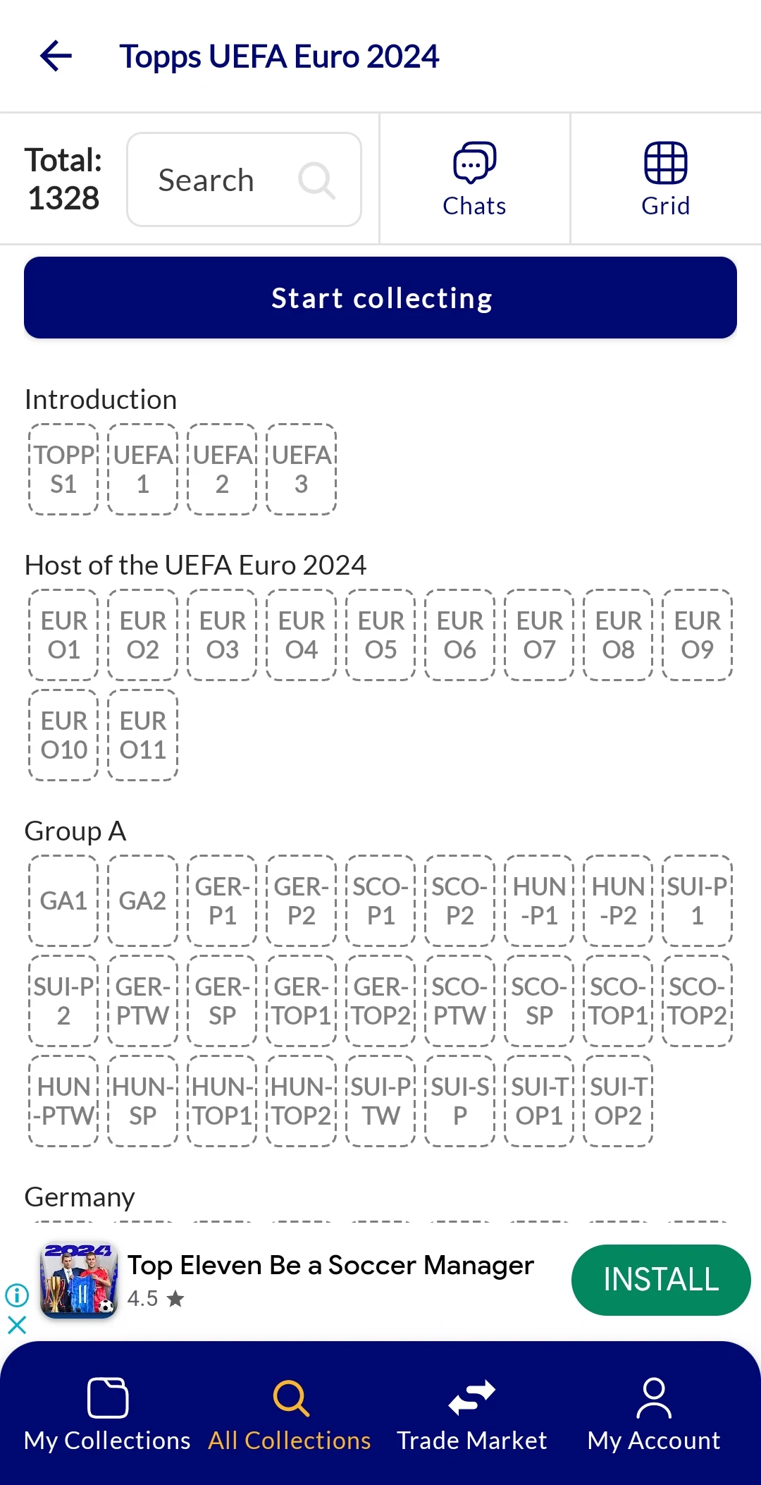 Stickers Album Tracker app screenshot – missing and duplicate stickers list